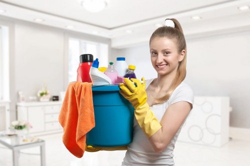 Cleaner organizing a bright communal entrance area